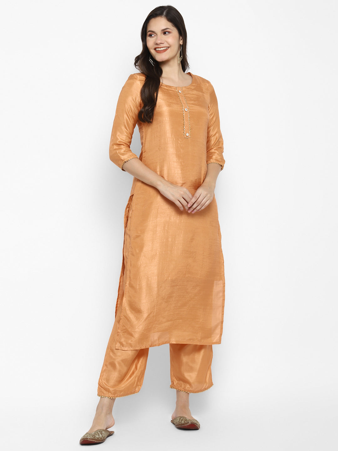 Women's Orange Color Silk Blend Straight Kurta Palazzo With Dupatta