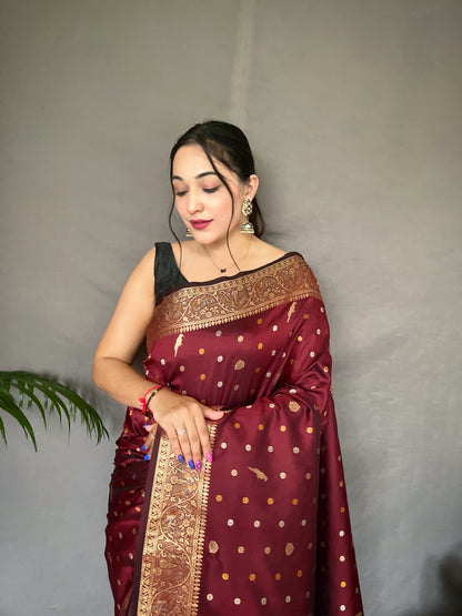 Women's Banarasi Silk Multi Color Zari Woven Saree Brown
