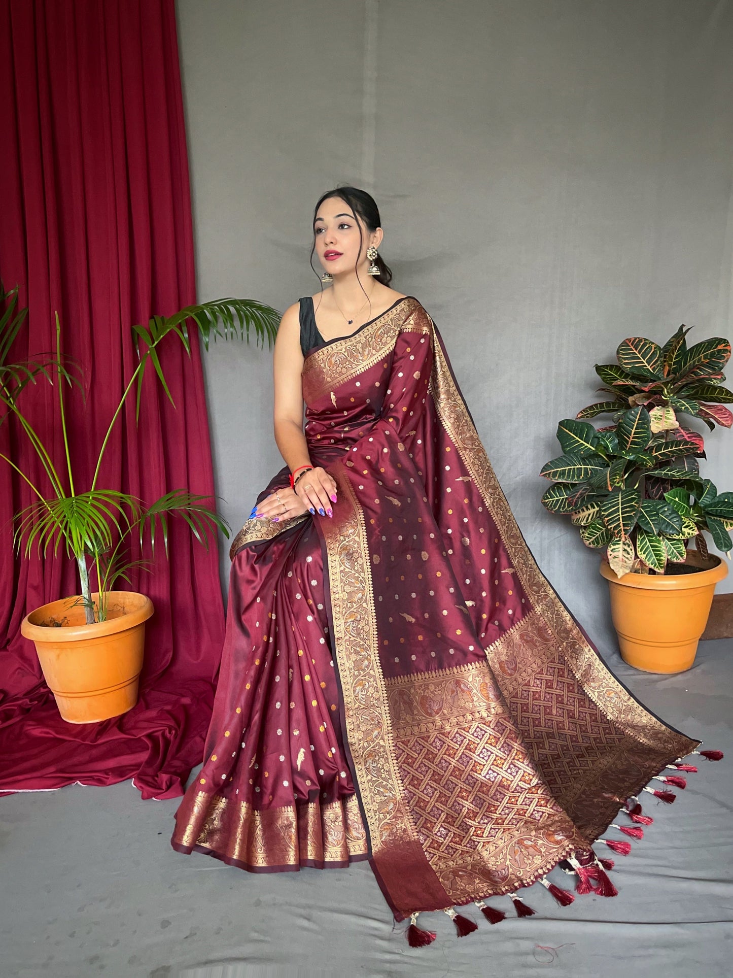 Women's Banarasi Silk Multi Color Zari Woven Saree Brown
