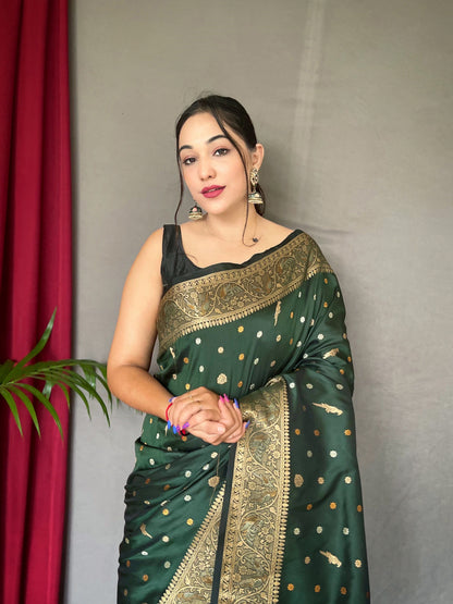 Women's Banarasi Silk Multi Color Zari Woven Saree Dark Green