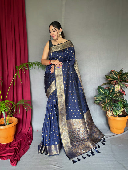 Women's Banarasi Silk Multi Color Zari Woven Saree Navy