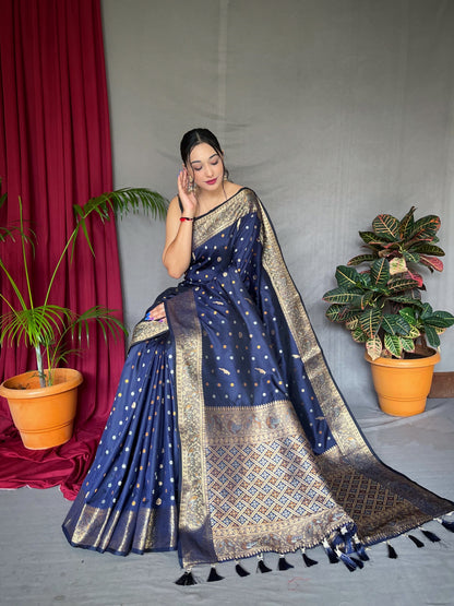 Women's Banarasi Silk Multi Color Zari Woven Saree Navy