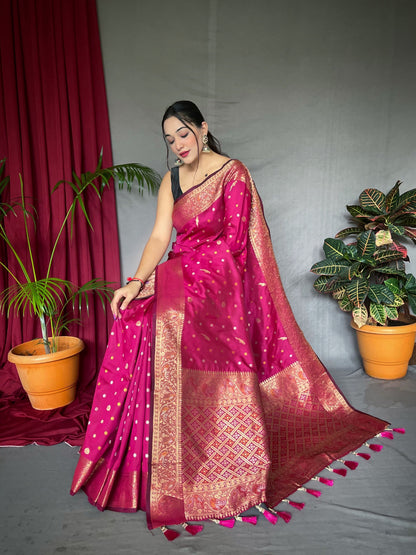 Women's Banarasi Silk Multi Color Zari Woven Saree Pink