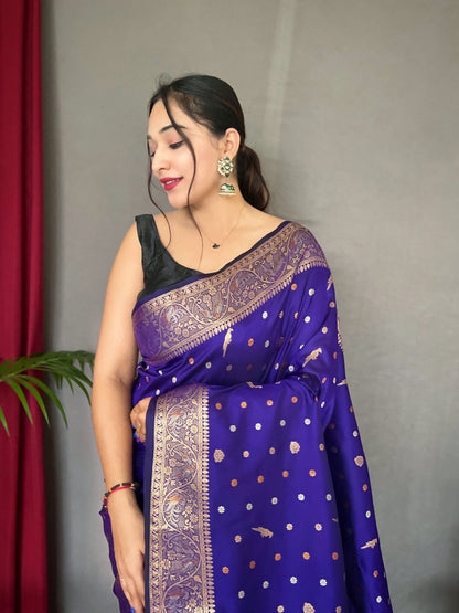 Women's Banarasi Silk Multi Color Zari Woven Saree Violet Blue