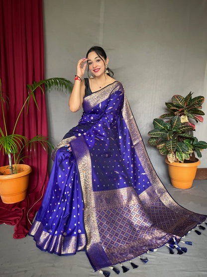 Women's Banarasi Silk Multi Color Zari Woven Saree Violet Blue
