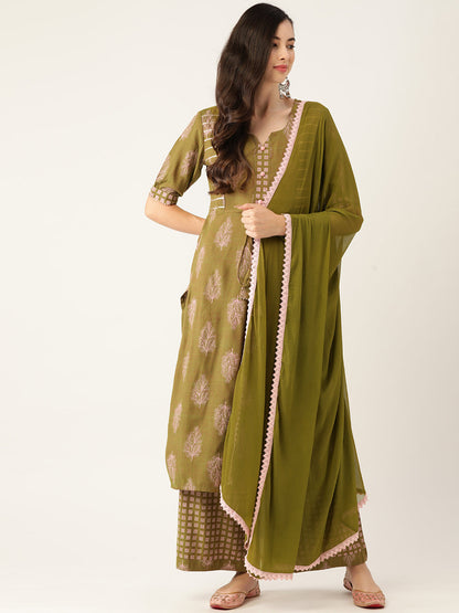 Women's Mehndi Color Rayon Blend Printed Kurta Palazzo With Dupatta