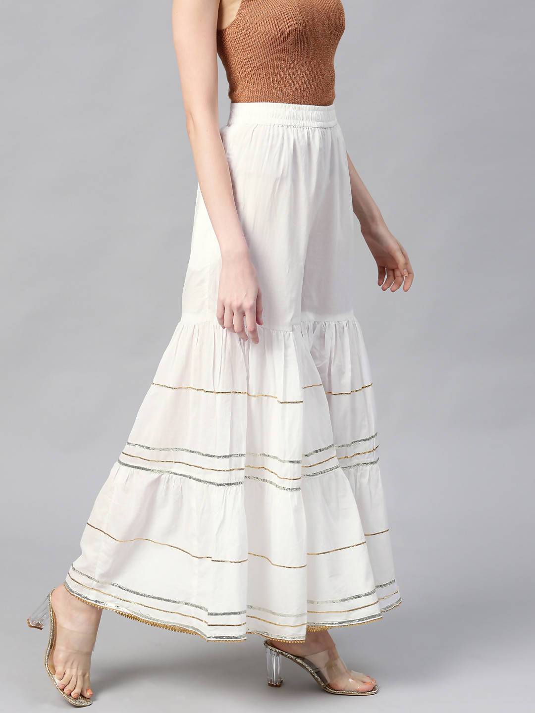 Women's White Cotton Voile Solid Sharara