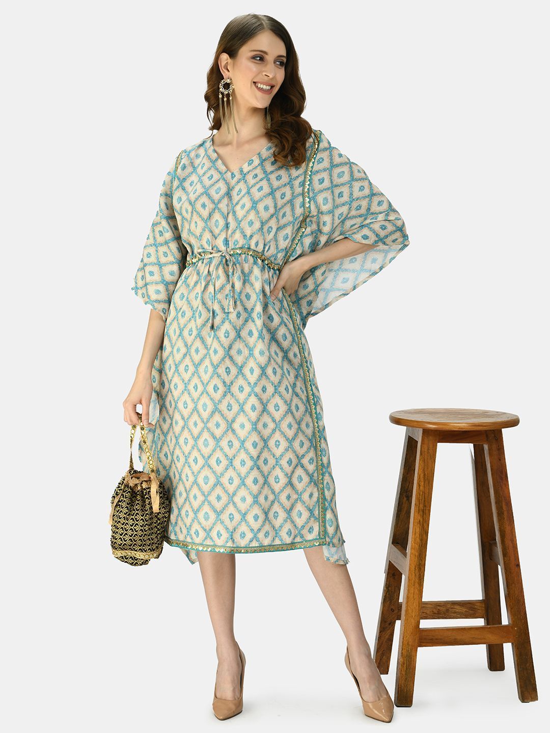 Women's Green Multicolor Silk Blend Printed Half Sleeve V Neck Casual Kaftaan