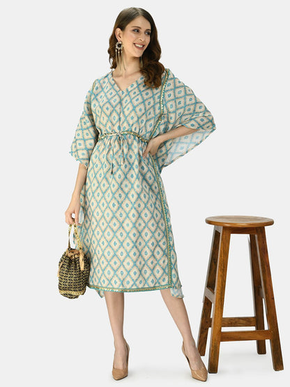 Women's Green Multicolor Silk Blend Printed Half Sleeve V Neck Casual Kaftaan