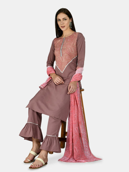 Women's Purple Polyester Printed 3/4 Sleeve Round Neck Casual Kurta Palazzo Dupatta Set