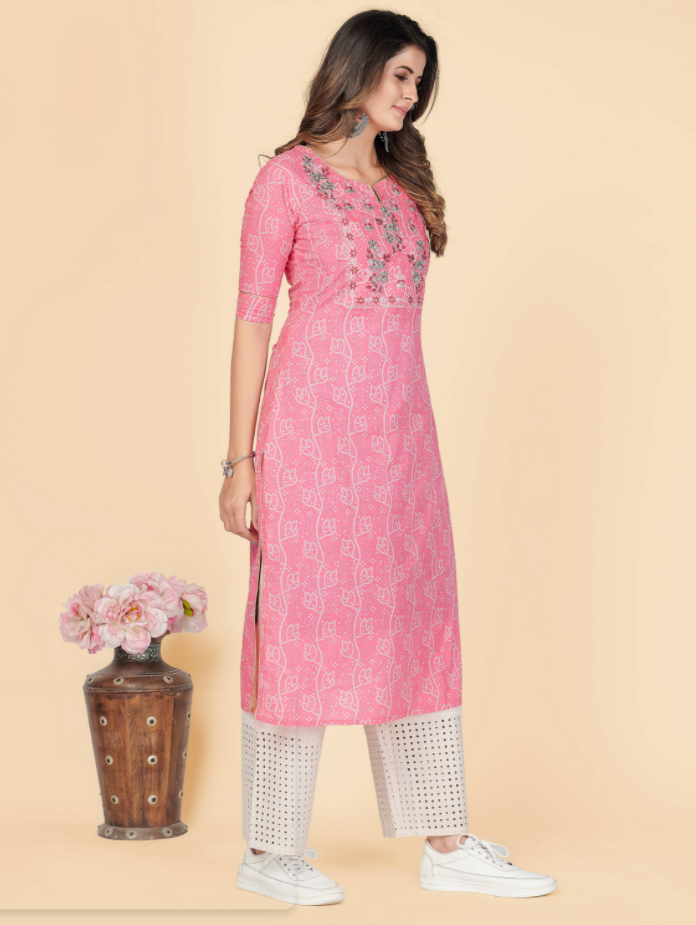 Women's Printed & Embroidered Straight Cotton Pink Stitched Kurta (1Pc)