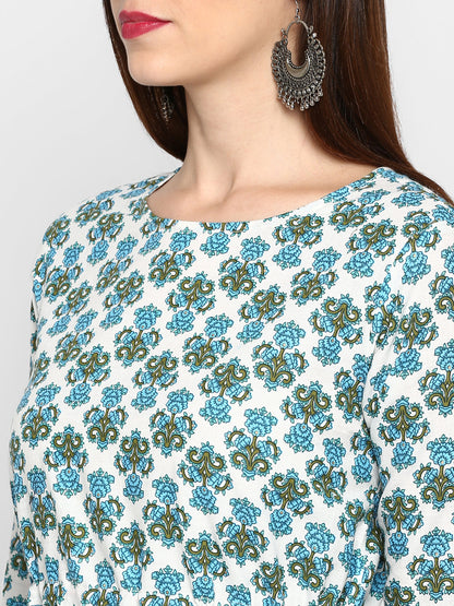 Women's Sky Blue & White Cotton Asymmetric Kurta By Vbuyz- (