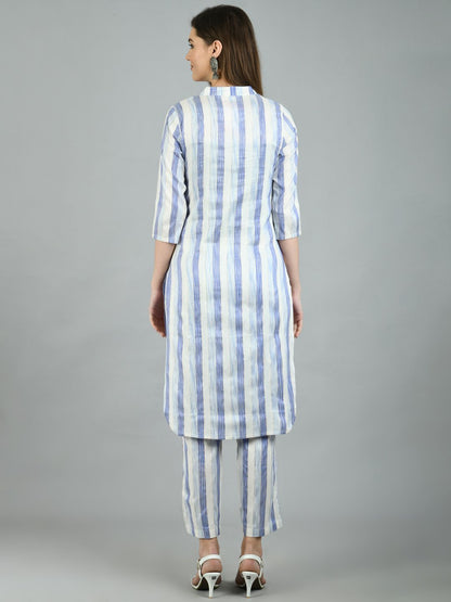 Women's White::Blue Cotton Printed 3/4 Sleeve Mandarin Neck Casual Kurta Pant Dupatta Set