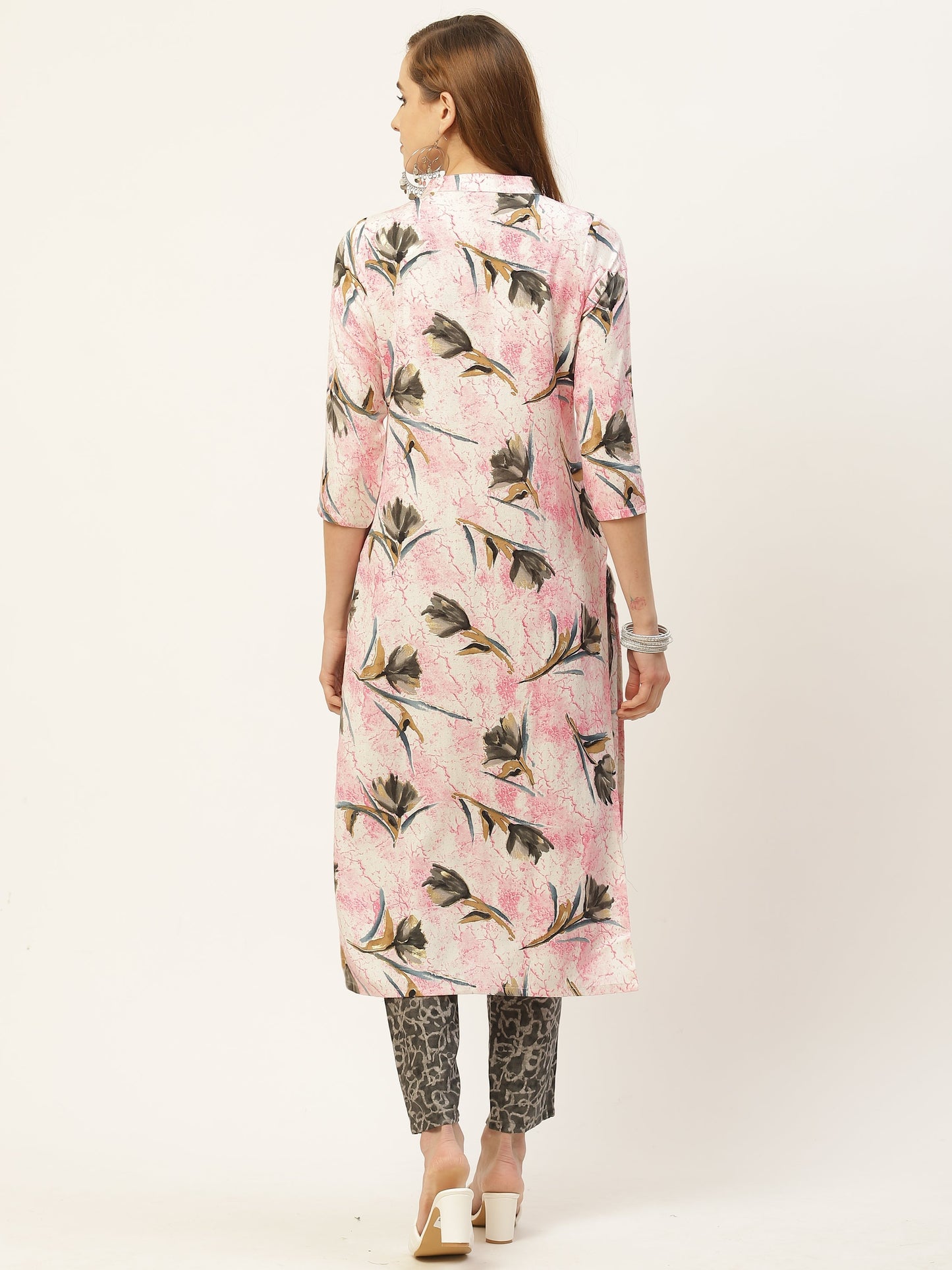 Women's Pink Color Rayon Blend Straight Foil Printed Kurta Palazzo Set