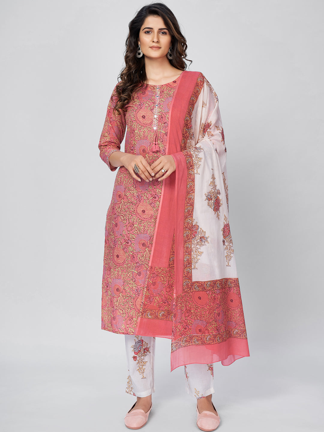 Women's Pink Cotton Kurta & Pant With Dupatta By Vbuyz- (3