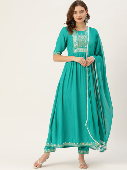 Women's Rama Rayon Panelled Printed A-Line Kurta Trouser Set With Dupatta