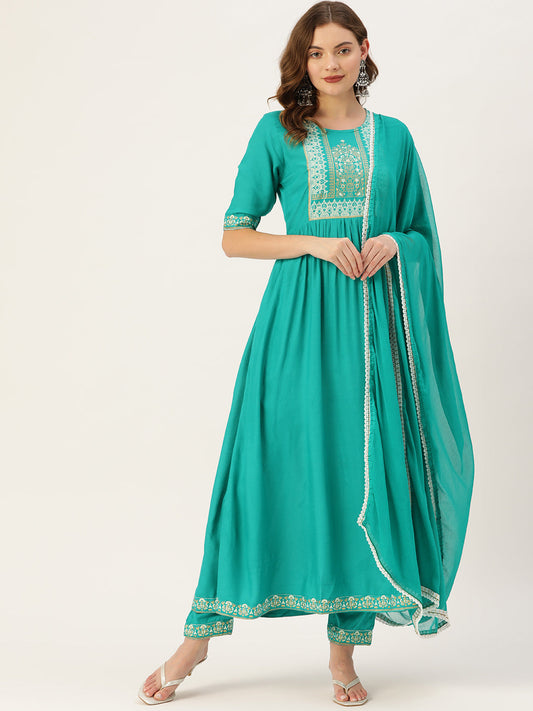 Women's Rama Rayon Panelled Printed A-Line Kurta Trouser Set With Dupatta