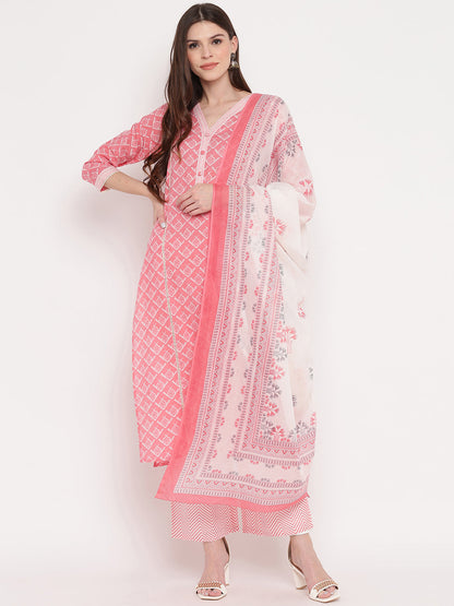 Women's Light Pink Cotton Kurta With Palazzo & Dupatta By Vbuyz (3