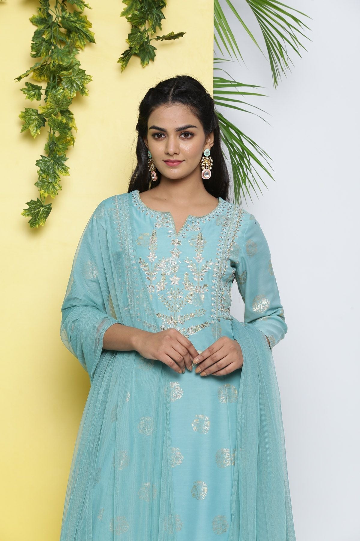 Women's Mint Poly Muslin Printed A-Line Kurta Pant Dupatta Set