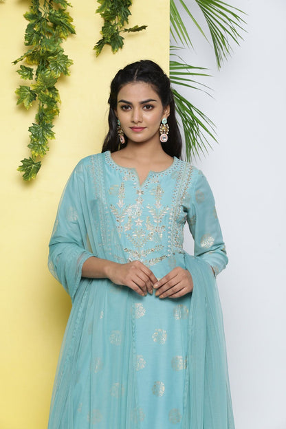 Women's Mint Poly Muslin Printed A-Line Kurta Pant Dupatta Set