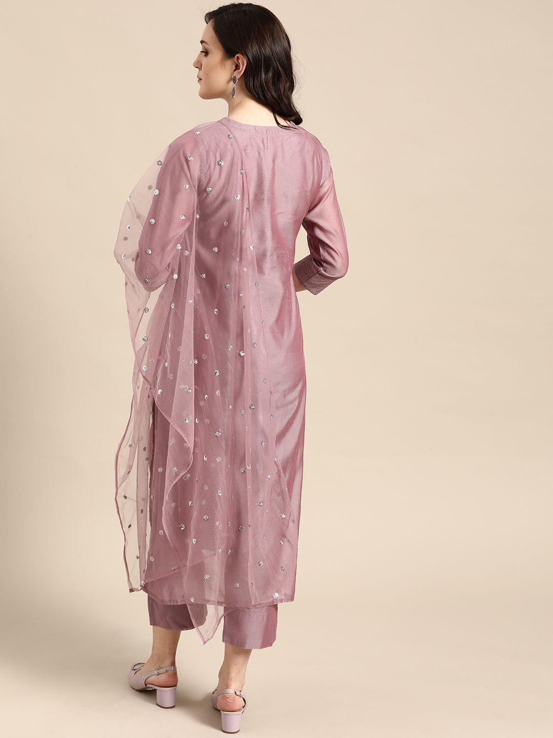 Women's Mauve Zari Yoke Design Chanderi Silk Kurta With Trousers & Dupatta