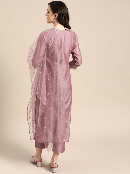 Women's Mauve Zari Yoke Design Chanderi Silk Kurta With Trousers & Dupatta