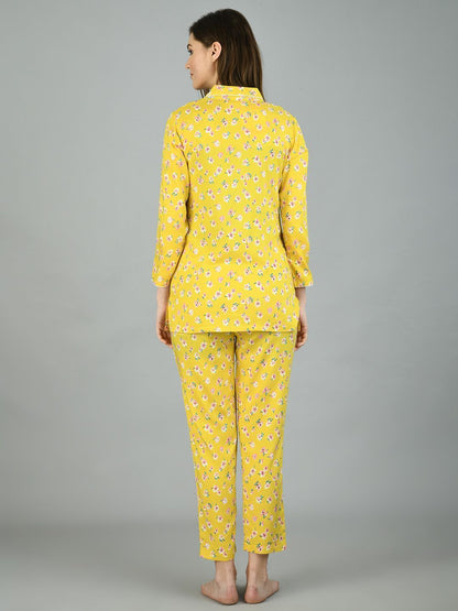 Women's Yellow Cotton Printed Full Sleeve Shirt Collar Casual Shirt Pyjama Set