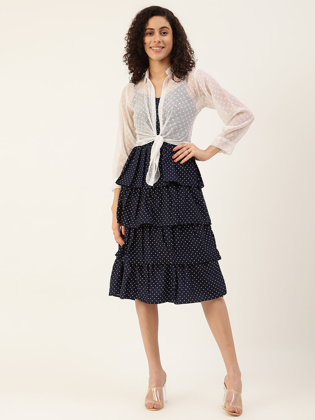 Women's Navy Blue Color Chiffon Self Design A-Line Layered Dress