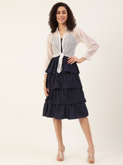 Women's Navy Blue Color Chiffon Self Design A-Line Layered Dress