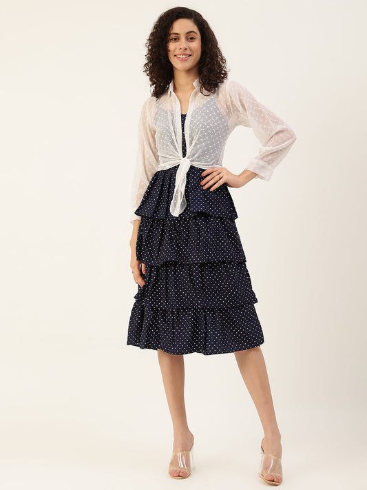 Women's Navy Blue Color Chiffon Self Design A-Line Layered Dress