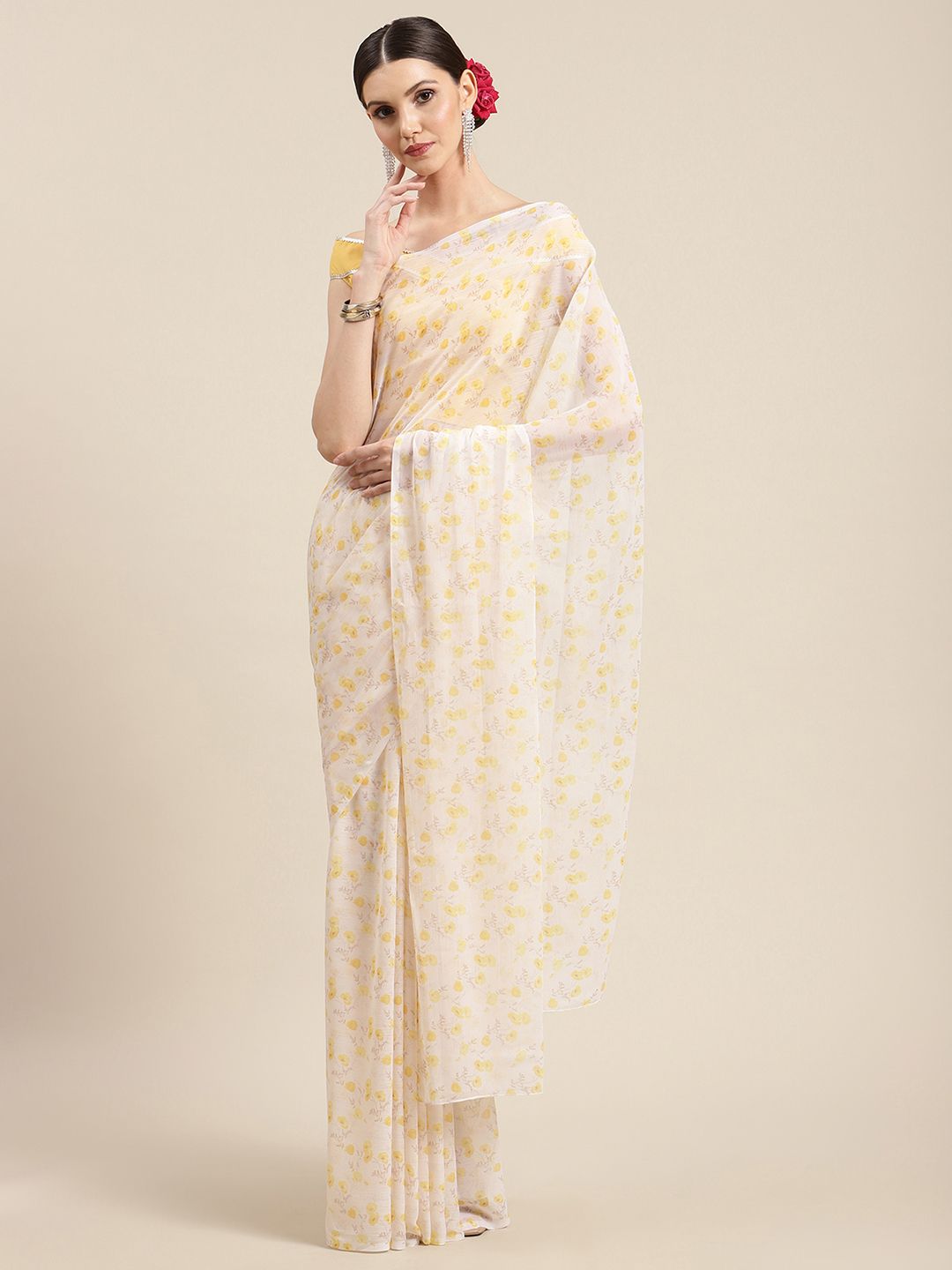Women's Yellow Chiffon Digital Print Floral Saree