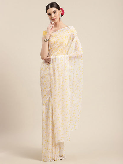 Women's Yellow Chiffon Digital Print Floral Saree