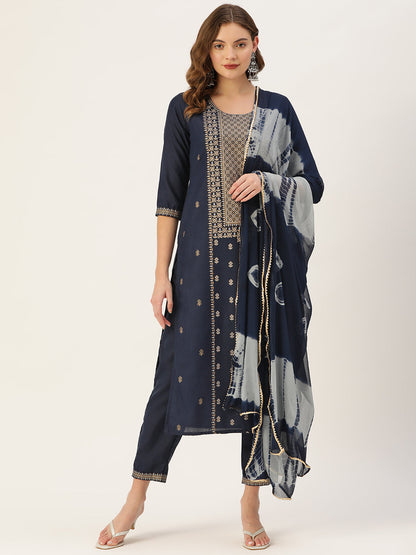 Women's Navy Cotton Blend Panelled Printed Straight Kurta Trouser Set With Dupatta