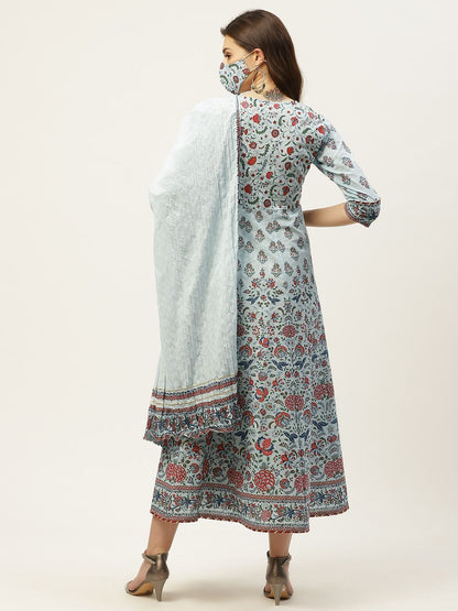 Women's Printed Flared Dress & Dupatta Set with Mask
