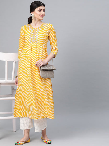 Women's Yellow & Off White Leheriya Print A-Line Kurta