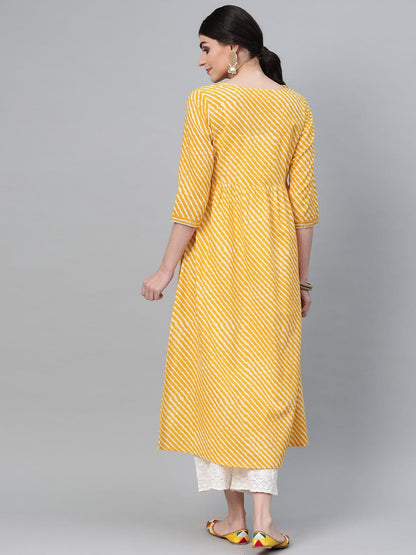 Women's Yellow & Off White Leheriya Print A-Line Kurta