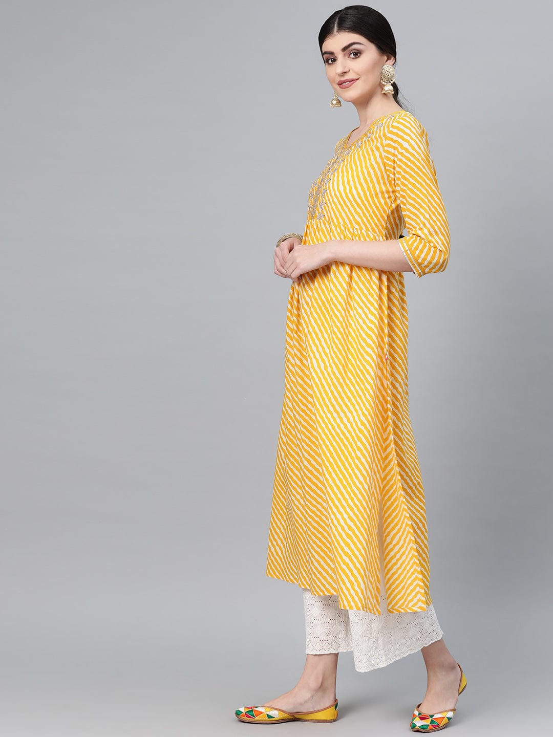 Women's Yellow & Off White Leheriya Print A-Line Kurta