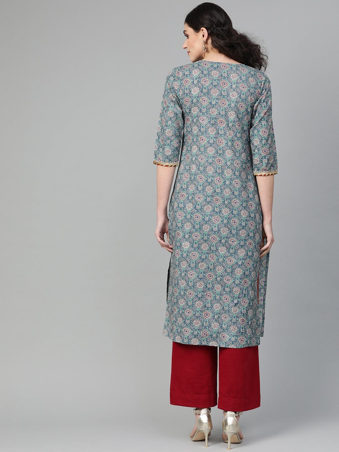Women's Sea Green Floral Printed Straight Kurta