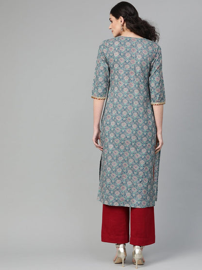 Women's Sea Green Floral Printed Straight Kurta