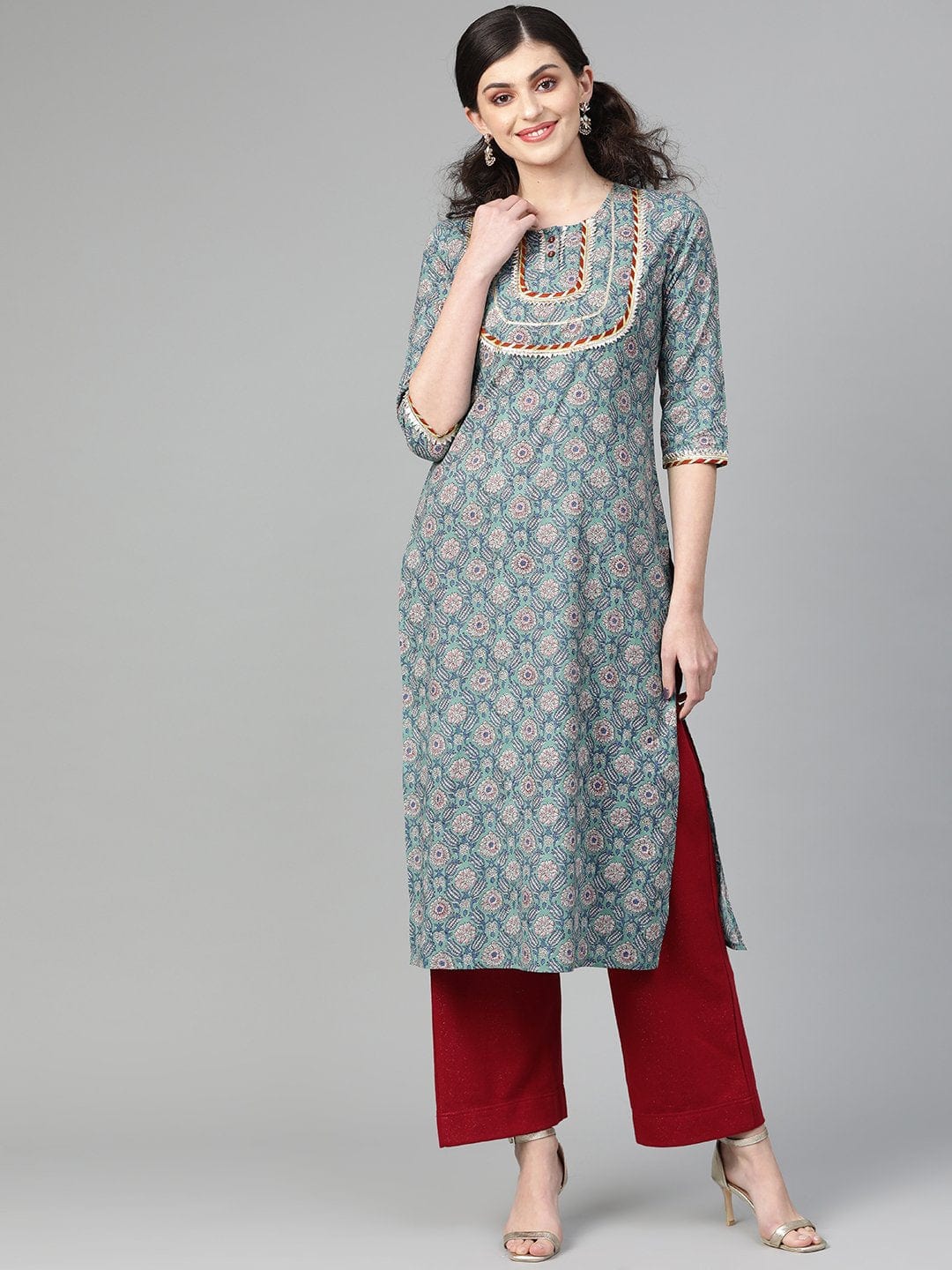 Women's Sea Green Floral Printed Straight Kurta