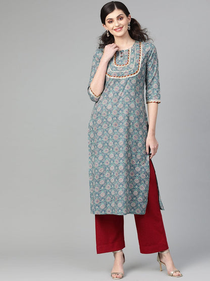 Women's Sea Green Floral Printed Straight Kurta