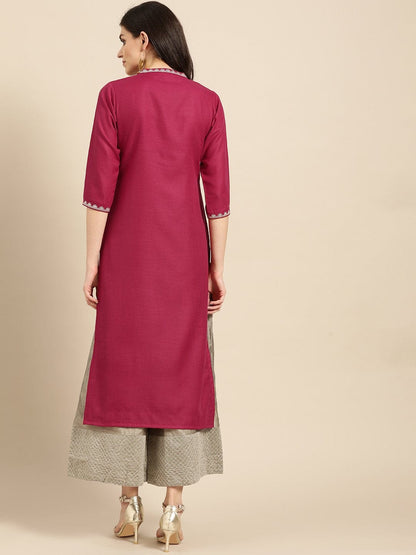 Women's Fuchsia Floral Zari Embroidered Straight Kurta