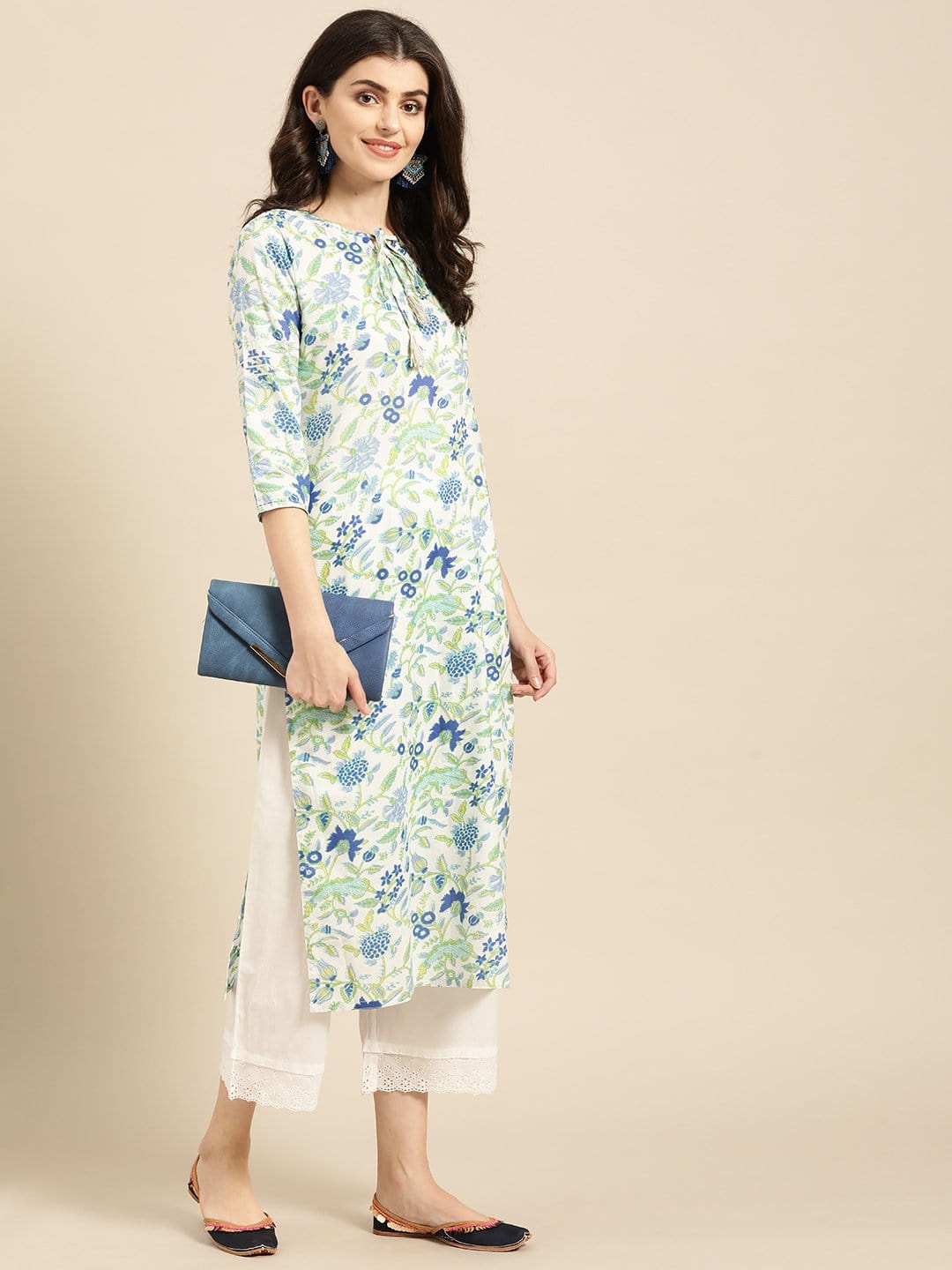 Women's White,Blue And Green Floral Printed Straight Kurta