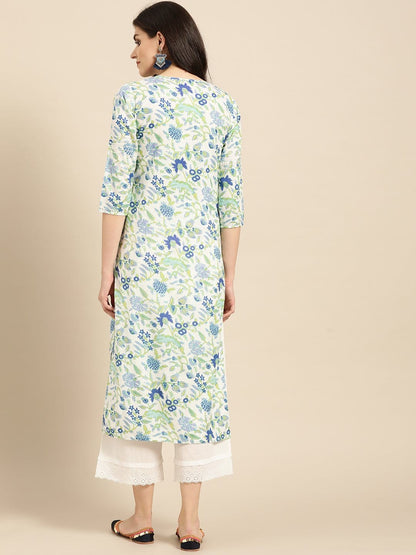 Women's White,Blue And Green Floral Printed Straight Kurta