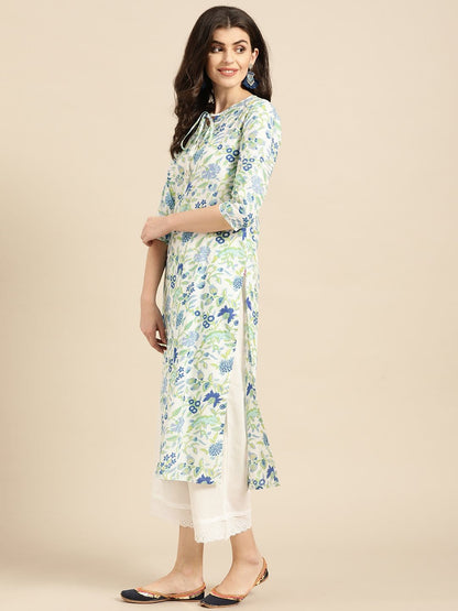 Women's White,Blue And Green Floral Printed Straight Kurta