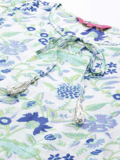 Women's White,Blue And Green Floral Printed Straight Kurta
