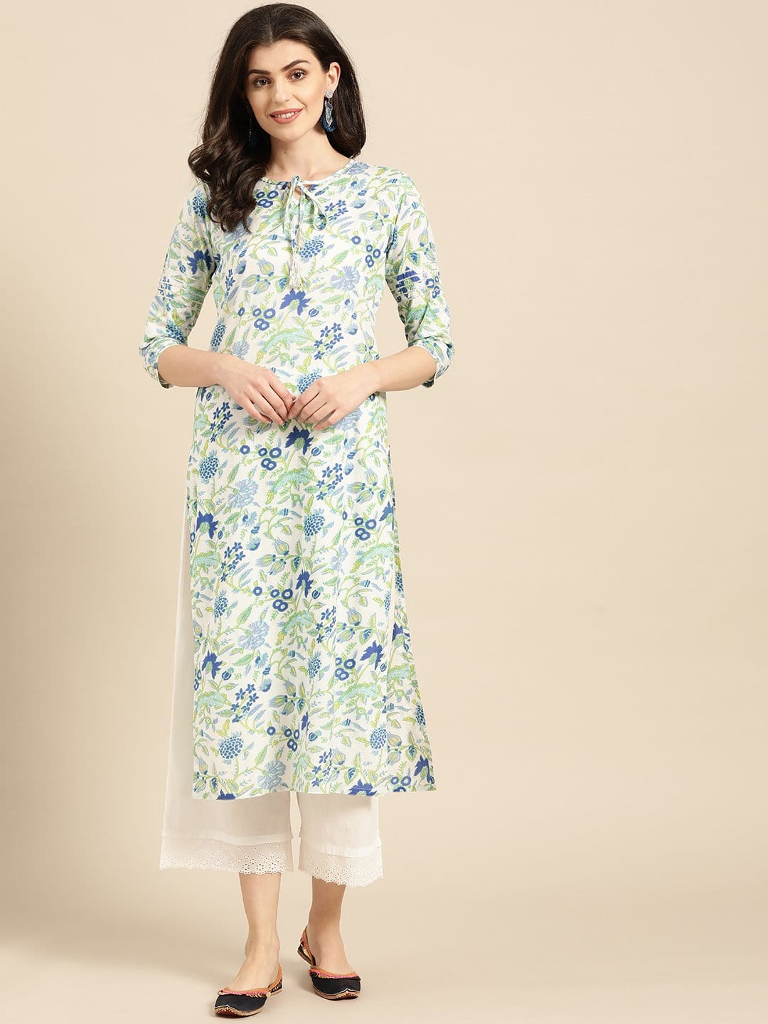 Women's White,Blue And Green Floral Printed Straight Kurta