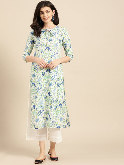 Women's White,Blue And Green Floral Printed Straight Kurta