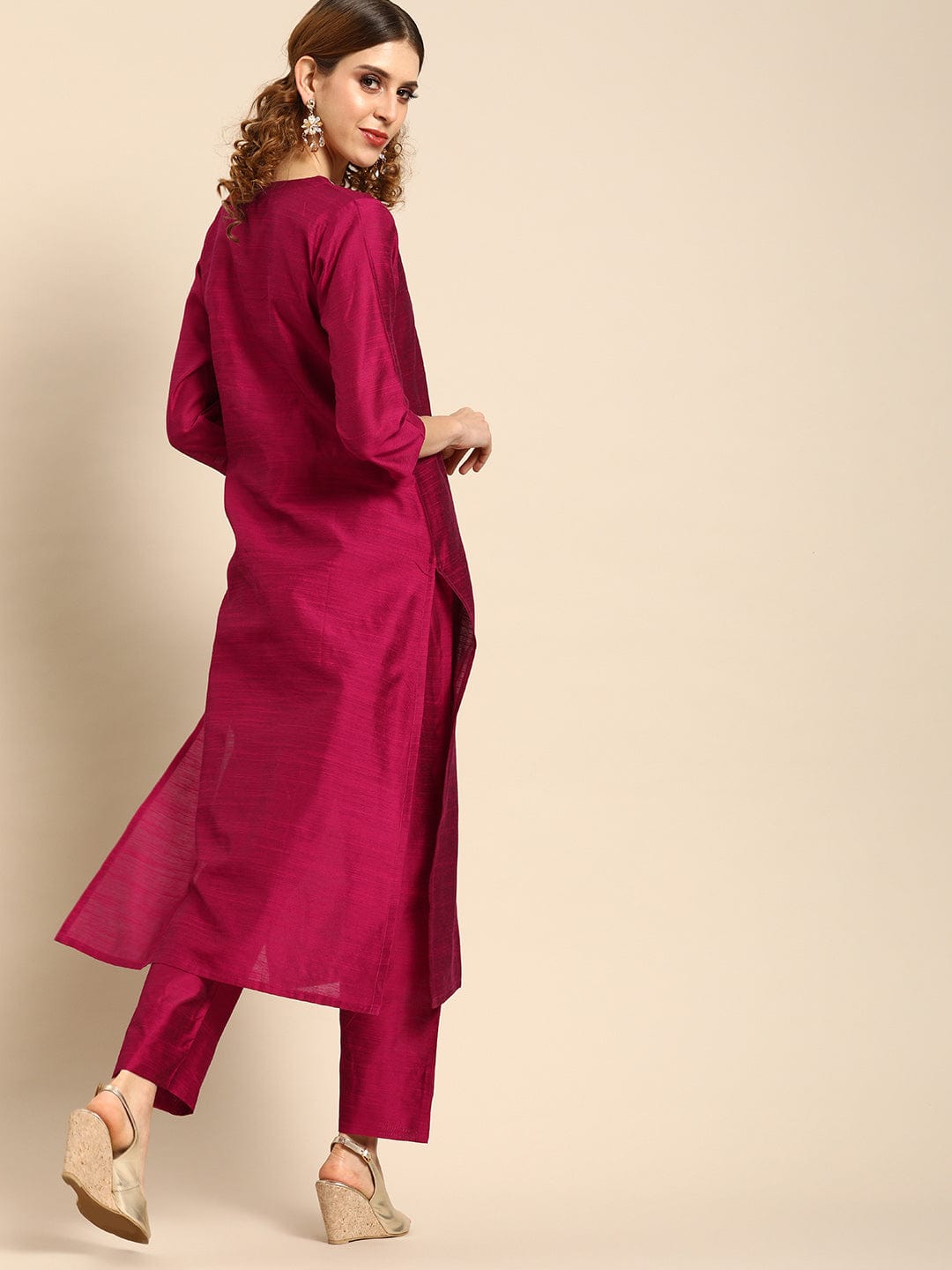 Women's Magenta Pink Embroidered Kurta with Trousers