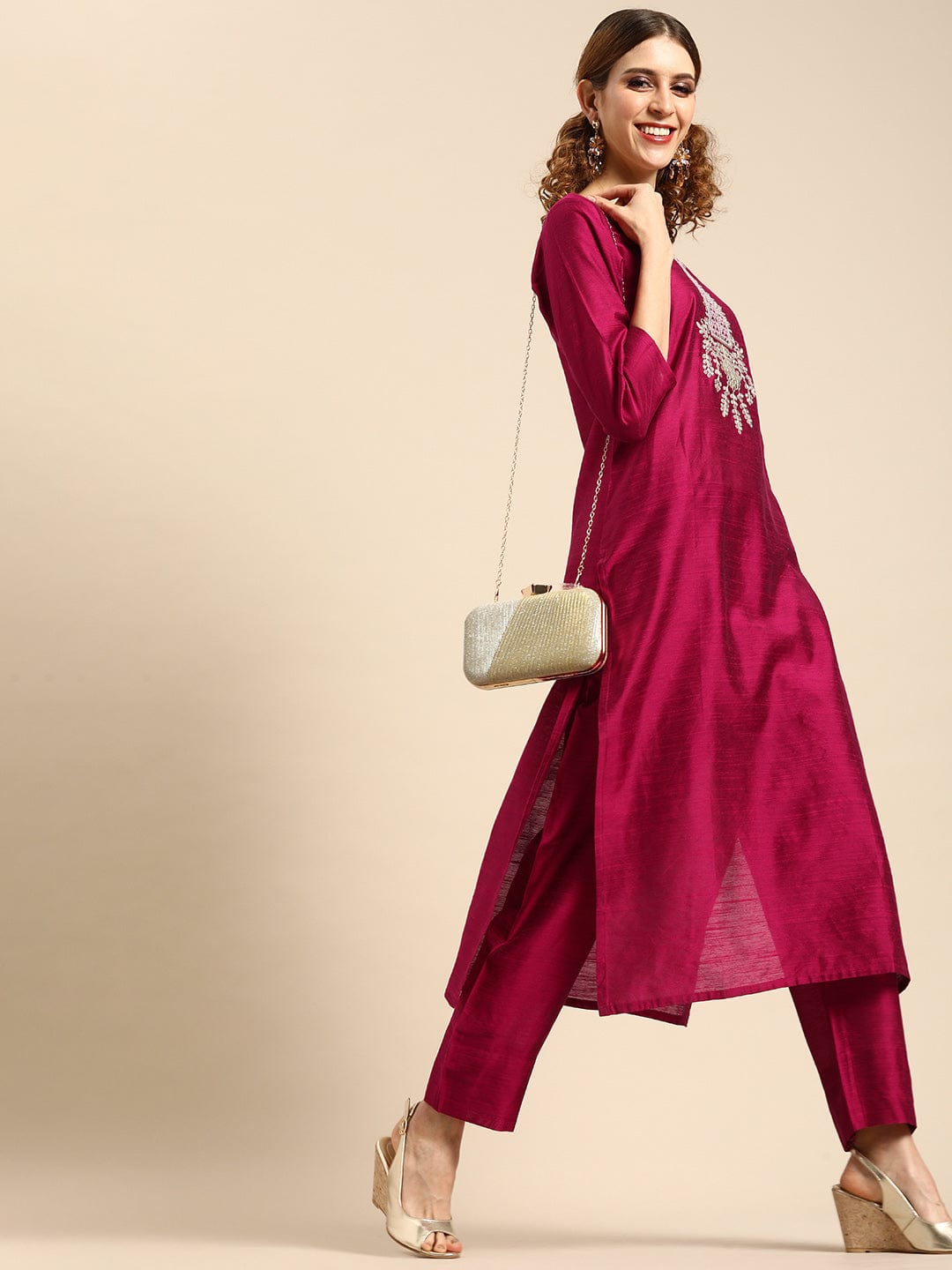 Women's Magenta Pink Embroidered Kurta with Trousers